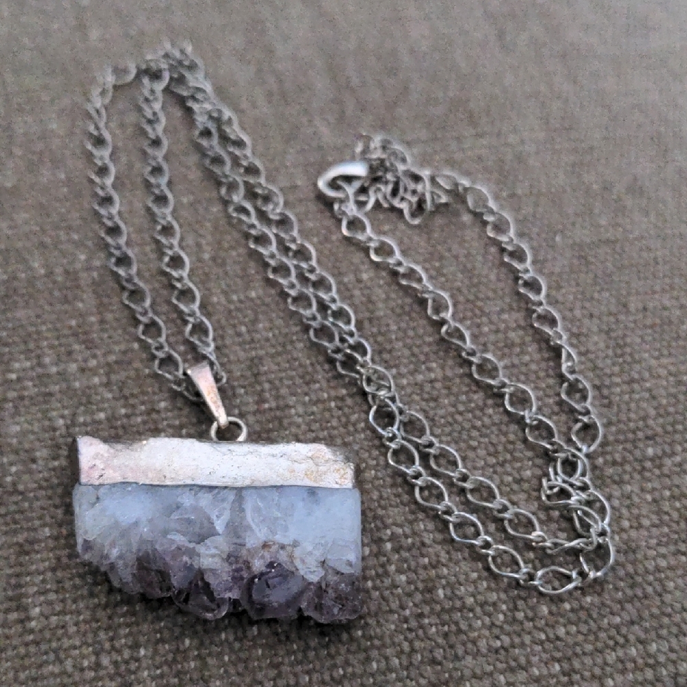 Drusy Amethyst Slice Gemstone Pendant Necklace, New, 22""+ 3 Inches,